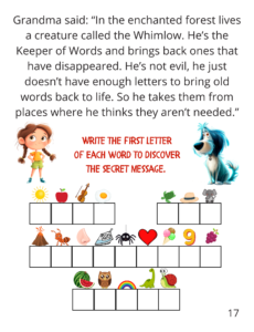 secret message activity page from the book The mystery of the missing letters 