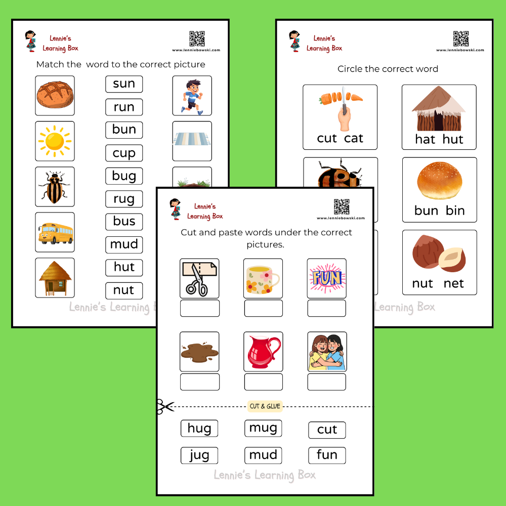 cvc words worksheets for practiving short vowel U