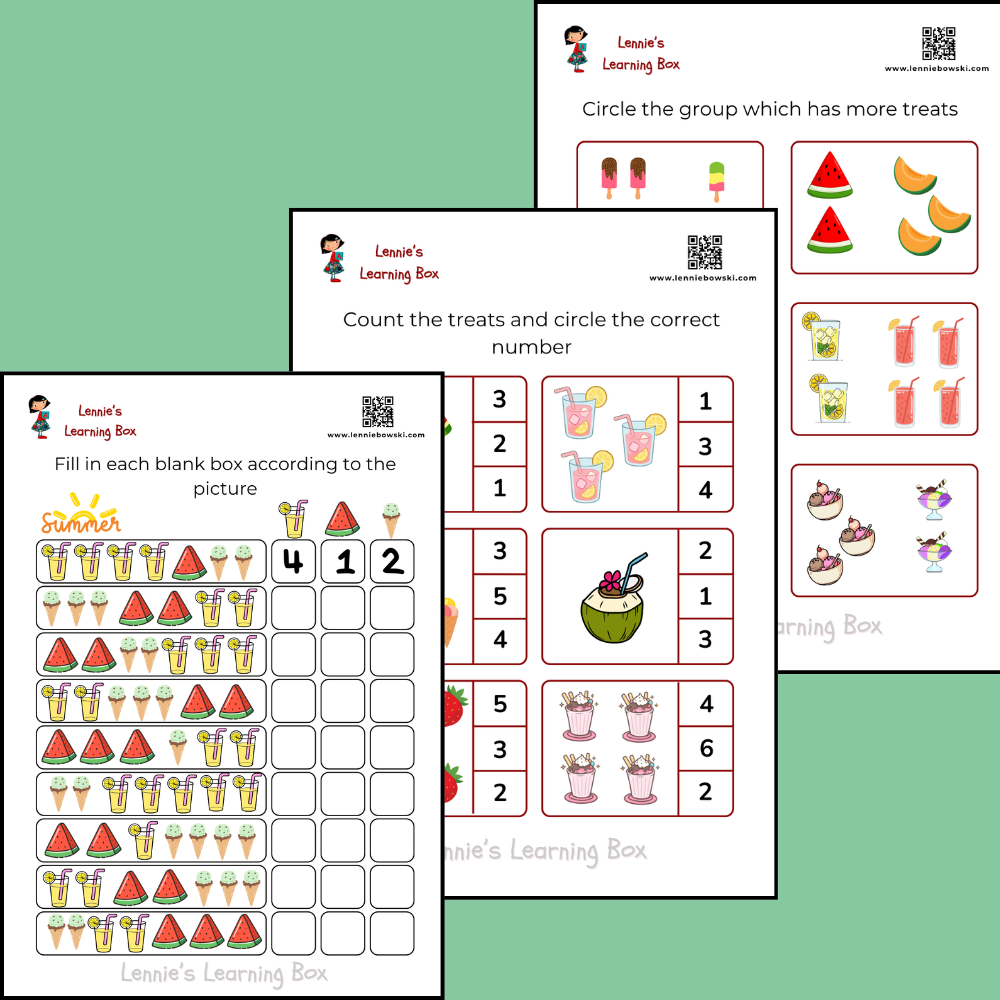 summer treats counting worksheets for ages 3-4