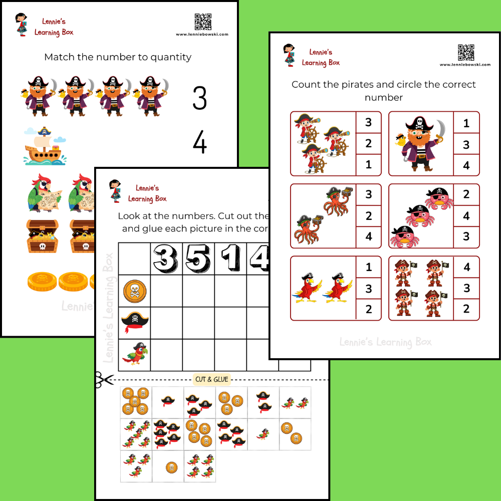 Fun printable math worksheets! Perfect for teaching counting, quantity matching, and number recognition (numbers 1-5).