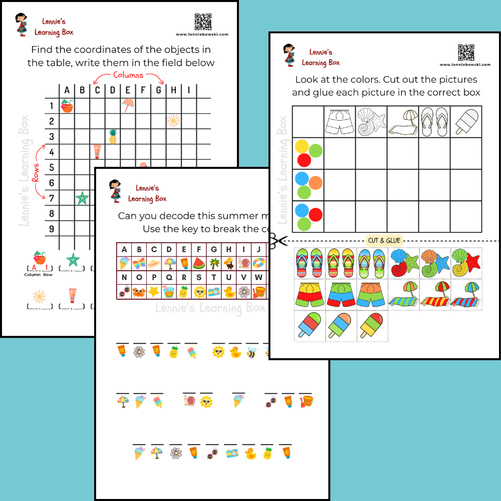 Summer STEM activity pack. Includes coordinate practice, color sorting, and code-breaking puzzles designed for ages 5–8