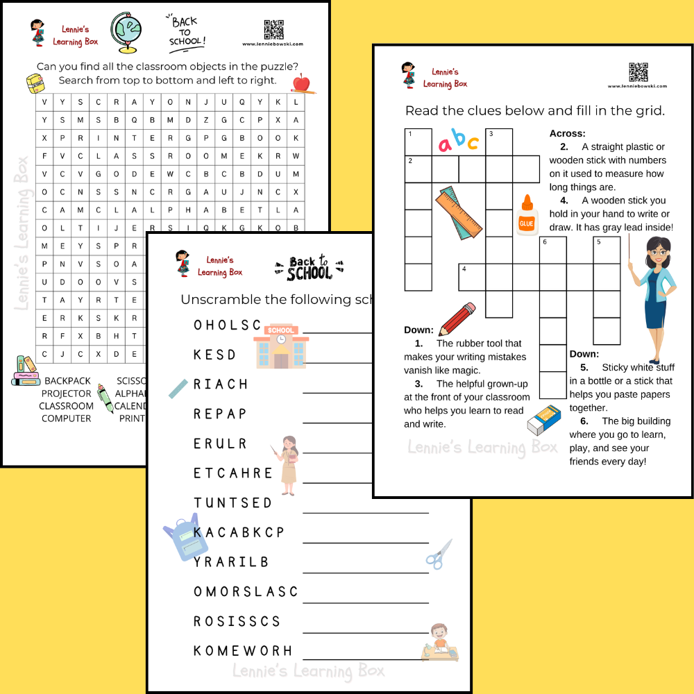 School-themed printable pack featuring a word search, crossword, and unscramble activity.