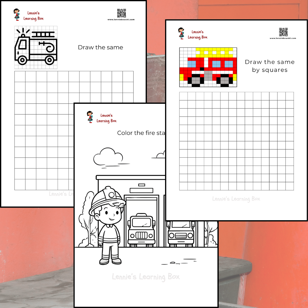 This free printable activity set includes step-by-step grid drawing worksheets and a fun firefighter coloring page designed specifically for children ages 5 to 6.