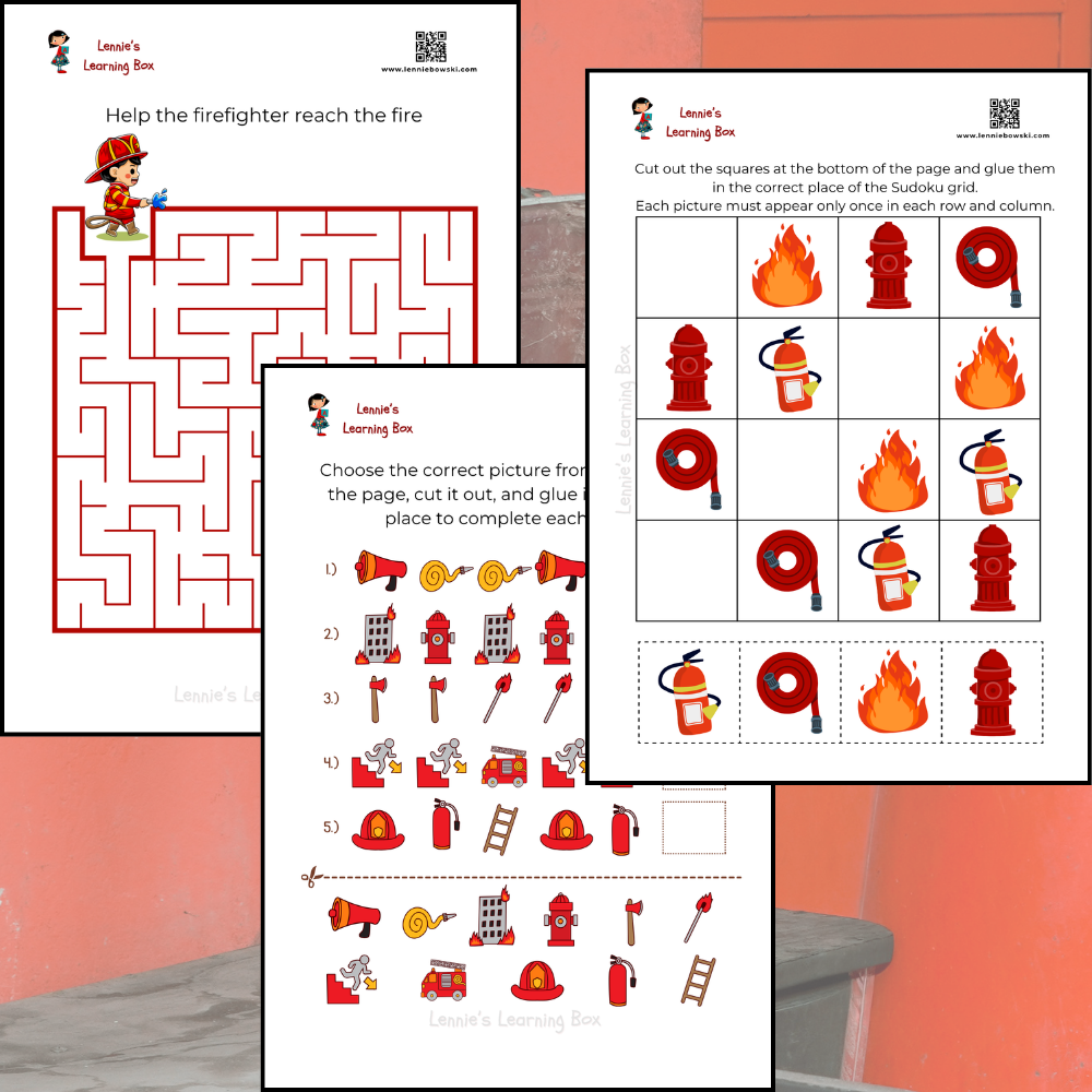 printable firefighter activity pack! Children can help a firefighter find the fire through a maze, solve picture-based logic puzzles, and complete a firefighter-themed Sudoku.