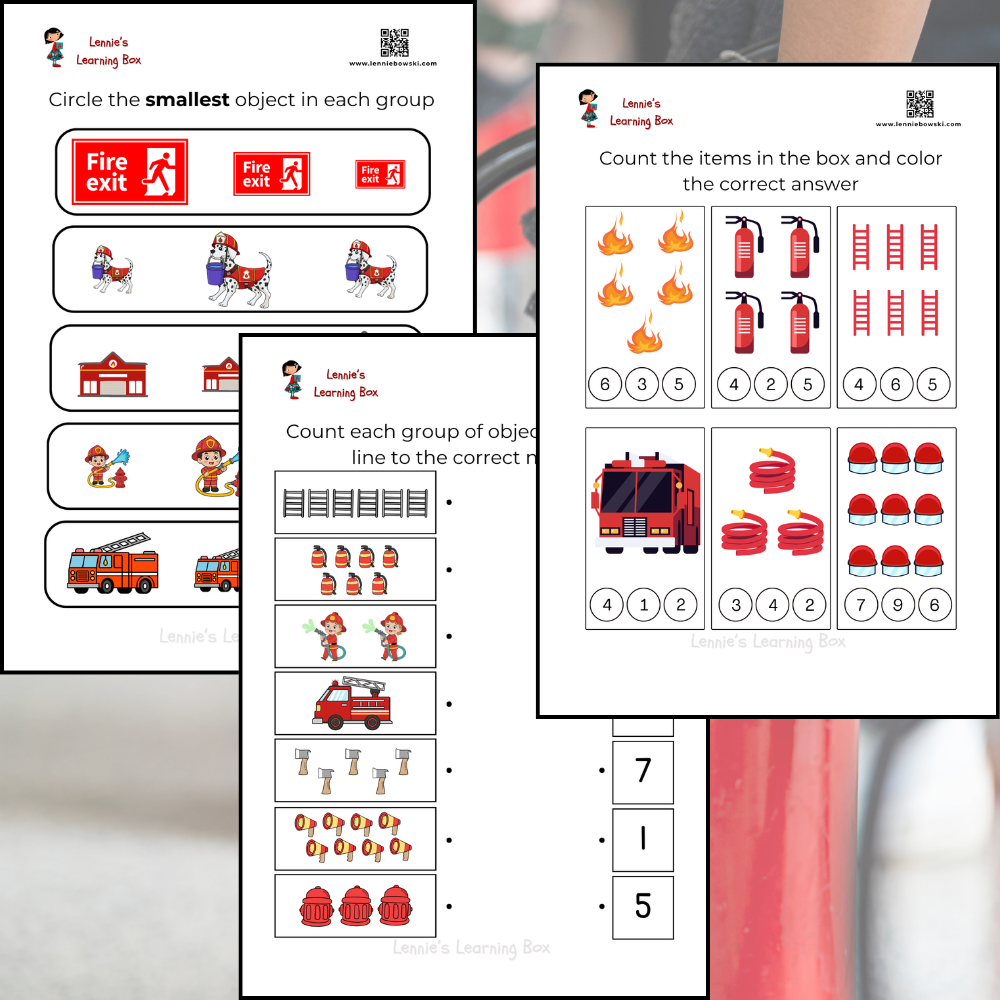 early math fire safety-themed worksheets for kids ages 3–4!