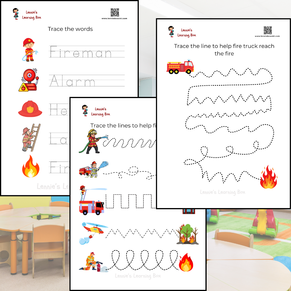 Fire Safety Tracing Worksheets include firefighter-themed words, line tracing, and fun pre-writing activities for preschool and kindergarten learners