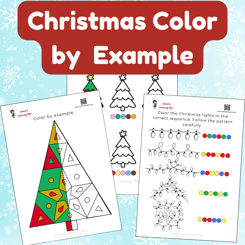 christmas color by example worksheets for kids