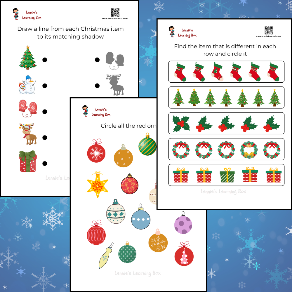 Christmas Color by Addition (Number Sums to 10) printable Christmas worksheets for ages 2–3. This festive worksheet set includes Christmas shadow matching, odd-one-out activities, and color recognition.